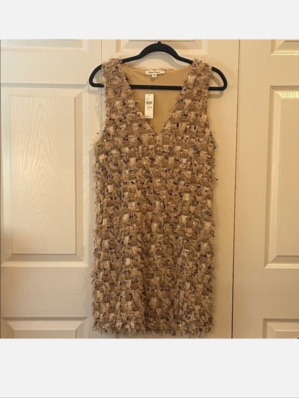 Blue Tassel Anthropologie V-Neck Beige Textured Mini Dress - Picture 2 of 5